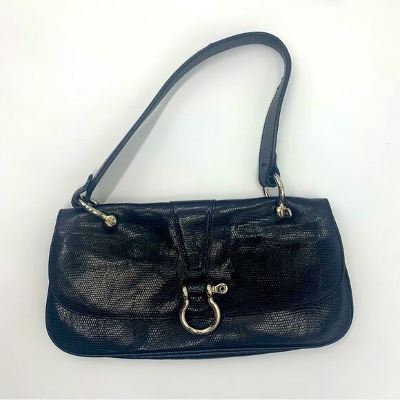 Auth Burberry Embossed Reptile Print Black Leather Horsebit Baguette Purse - Picture 2 of 6